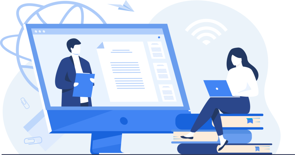 Ilustracja: prowadzący webinar na ekranie monitora i uczestniczka z laptopem